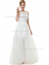 Online White A-line Tulle Lace Floor-length Bateau Bridesmaid Dress