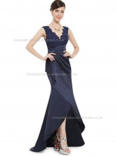 Vintage Amazing Dark Navy Satin Lace Floor-length V-neck Bridesmaid Dress