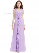 Designer Discount Lilac A-line Chiffon Tiered Floor-length V-neck Bridesmaid Dress