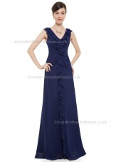 UK Girls Dark Navy A-line Chiffon Tiered Floor-length V-neck Bridesmaid Dress