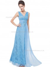 Beautiful Amazing Blue A-line Lace Applique Floor-length V-neck Bridesmaid Dress