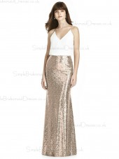 Cheap Stunning Column / Sheath Sequin V-neck Floor-length Gold Sleeveless Empire Waist Backless Bridesmaid Dress