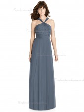 UK Girls Lux Chiffon floor-length Scoop Draped A-line silverstone Bridesmaid Dress