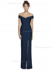 Vintage Stunning Satin Off-the-shoulder Dark Navy Split Column / Sheath floor-length Bridesmaid Dress