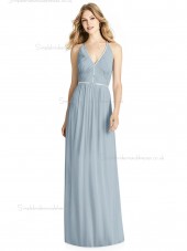 Budget V-neck Ruffles / Beading A-line Chiffon mist Floor-length Bridesmaid Dress