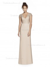 Fitted Girls V-neck Champagne Column / Sheath Lace Lace / Satin floor-length Bridesmaid Dress