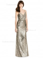 Beautiful Floor-length V-neck Sequin Champagne Column / Sheath Bridesmaid Dress