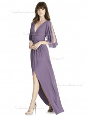 Elegant Amazing A-line Draped french truffle Chiffon V-neck floor-length Bridesmaid Dress