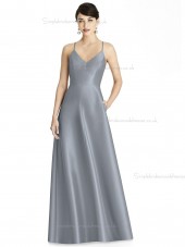 Girls V-neck A-line Silver floor-length Satin Bridesmaid Dress
