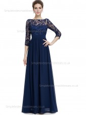 Fitted Discount Half-Sleeve Floor-length Natural A-line Dark Navy Chiffon Lace Bateau Bridesmaid Dress