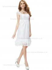 Online Celebrity Knee-length Empire Cap A-line Sleeve Lace White Bateau Bridesmaid Dress
