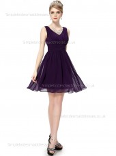 Elegant Girls A-line Sash Empire Knee-length Sleeveless V-neck Grape Chiffon Bridesmaid Dress