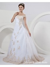 Zipper Ivory Chapel Sleeveless Satin / Organza Spaghetti Straps A-Line Natural Appliques Wedding Dress