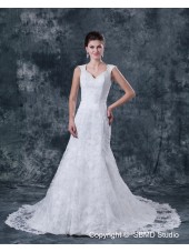 Court Natural Satin / Lace Backless Beading / Applique A-Line Sleeveless V Neck Ivory Wedding Dress