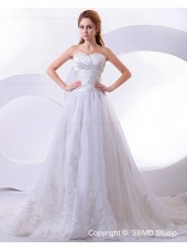Appliques / Ruffles Zipper Ivory Empire A-Line Sweetheart Cathedral Satin / Organza Sleeveless Wedding Dress