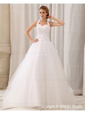 Natural Satin / Organza Sleeveless Applique / Beading Halter Zipper A-Line / Ball Gown Floor-length Ivory Wedding Dress