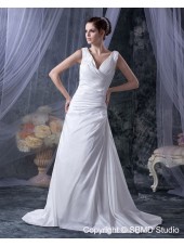 Natural Ivory A-Line Sleeveless V Neck Ruffles Court Lace Up Satin Wedding Dress