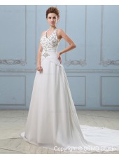 Empire Sleeveless Cathedral V Neck Ivory Backless Applique / Beading A-Line Satin / Chiffon Wedding Dress