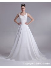 Chapel Ruffles A-line Sleeveless Natural Satin Straps Lace Up Ivory Wedding Dress