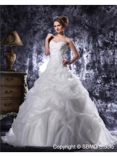 Sweetheart Chapel Ivory Natural Lace Up Sleeveless Organza / Satin Beading / Applique / Cascading-Ruffles A-Line / Ball Gown Wedding Dress