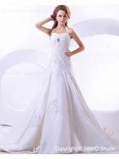 Beading / Applique A-line Natural Halter Taffeta Cathedral Lace Up Ivory Sleeveless Wedding Dress