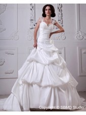 A-line Lace Up Sleeveless Appliques / Beading / Cascading-Ruffles Court Ivory Satin Natural Sweetheart Wedding Dress