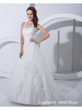 A-line Ivory Natural Satin / Organza Sweetheart / Halter Court Lace Up Applique Sleeveless Wedding Dress