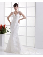 Ivory Empire V Neck Zipper Lace / Ruffles Column / Sheath Cathedral Sleeveless Satin Wedding Dress