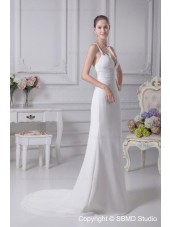 Sleeveless Empire A-line Chapel V Neck Ivory Beading Zipper Chiffon / Satin Wedding Dress