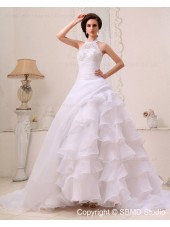 Sleeveless Chapel Organza / Satin A-line Natural Applique / Beading / Cascading-Ruffles Ivory Zipper Halter Wedding Dress