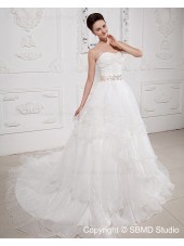 Taffeta / Organza Ivory Ruffles / Beading / Cascading-Ruffles / Sash Sleeveless Zipper A-line Natural Court Sweetheart Wedding Dress