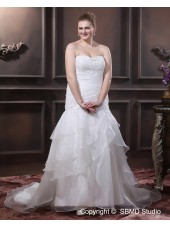 A-line / Plus Sweetheart Organza Applique / Beading / Cascading-Ruffles Empire Chapel Size Ivory Sleeveless Lace Up Wedding Dress