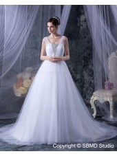 Ruffles / Beading Ivory Sleeveless Empire Zipper A-line Square Court Tulle Wedding Dress
