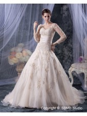 Ivory Court Sleeve Zipper Empire Organza Applique / Beading / Sash A-line Long V Neck Wedding Dress