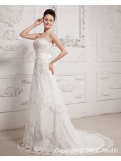 Sleeveless Zipper A-line Strapless / Bateau Sweep Ivory Satin / Lace Empire Ruffles / Beading / Sash / Bow Wedding Dress