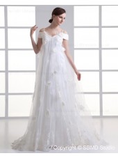 Empire Sleeveless Ivory Sweep Tulle Hand Made Flower / Ruffles Off-the-shoulder A-line Lace Up Wedding Dress