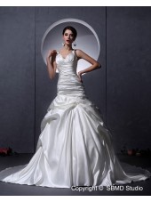 Ivory V Neck Sleeveless A-Line / Ball Gown Natural Ruffles Court Zipper Satin Wedding Dress
