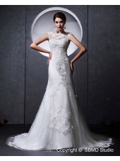 A-line Ivory Beading / Applique / Lace Natural Zipper Satin / Tulle High Neck Chapel Sleeveless Wedding Dress