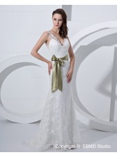 Applique / Beading / sash Zipper Satin / Tulle A-line Sweetheart Sleeveless Floor-length Ivory Empire Wedding Dress