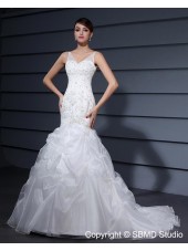 Ruffles / Embroidery / Beading Natural Sleeveless Organza / Satin V Neck Ivory Lace Up Court A-line Wedding Dress