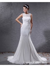 Jewel Empire A-line Applique / Beading / Sash Chiffon Ivory Sleeveless Court Zipper Wedding Dress