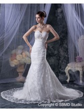 Ivory Natural Lace Up Cathedral Ruffles / Applique / Beading A-line Satin / Lace Sleeveless Sweetheart Wedding Dress