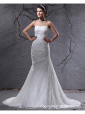 Satin Natural Sweetheart Ivory Ruffles Sleeveless Court Zipper A-line Wedding Dress