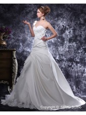 Beading / Ruffles / Hand Made Flower Sleeveless Lace Up Court Satin A-line Ivory Empire One Shoulder Wedding Dress