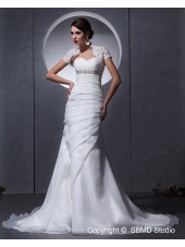 Ivory A-line Beading / Ruffles Chapel Sleeve Sweetheart Empire Zipper Organza Short Wedding Dress