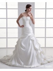 Satin Ivory A-line Sleeveless Sweetheart Court Lace Up Ruffles / Beading Natural Wedding Dress