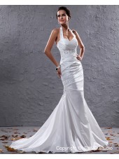 Taffeta Court Ivory Sleeveless Pleat / Beading Halter Lace Up Mermaid Empire Wedding Dress