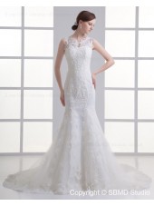 Ivory Zipper Applique / Beading Dropped Court Tulle Spaghetti Straps Sleeveless Mermaid Wedding Dress