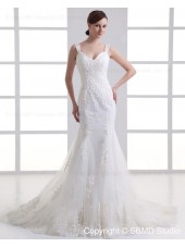 Zipper Dropped Sleeveless Tulle Ruffles / Beading Court Mermaid Spaghetti Straps Ivory Wedding Dress