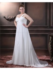 Empire Beading / Ruffles Lace Up Size Chiffon One Shoulder Sleeveless Ivory A-line / Plus Floor-length Wedding Dress